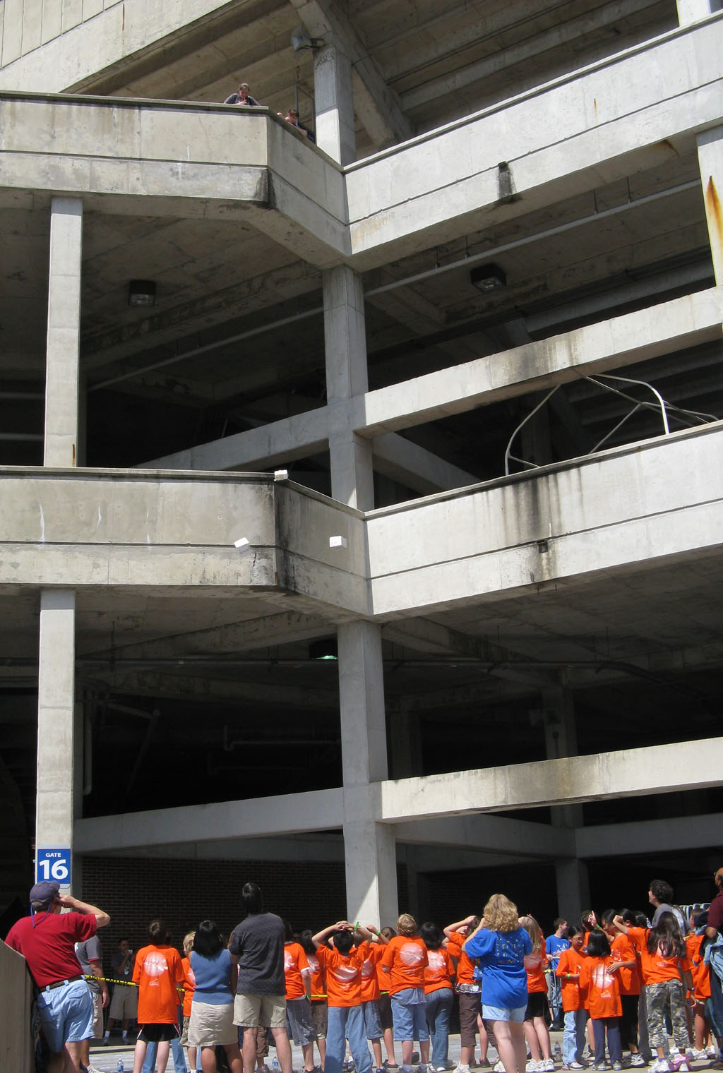 Egg-drop test from a high balcony during a competition